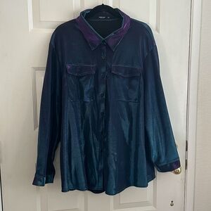 Purple Blue Metallic Long Sleeve Button Up Blouse